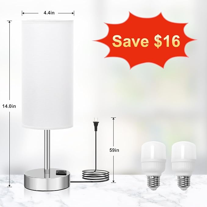 Bedside Table Lamps for Bedroom Set of 2 - Touch Lamp for Nightstand with USB-A+C Charging Ports - 3 Way Dimmable Small Desk Lamp White for Office, Dorm Room, Living Room, Reading, Nursery - Bloomnest