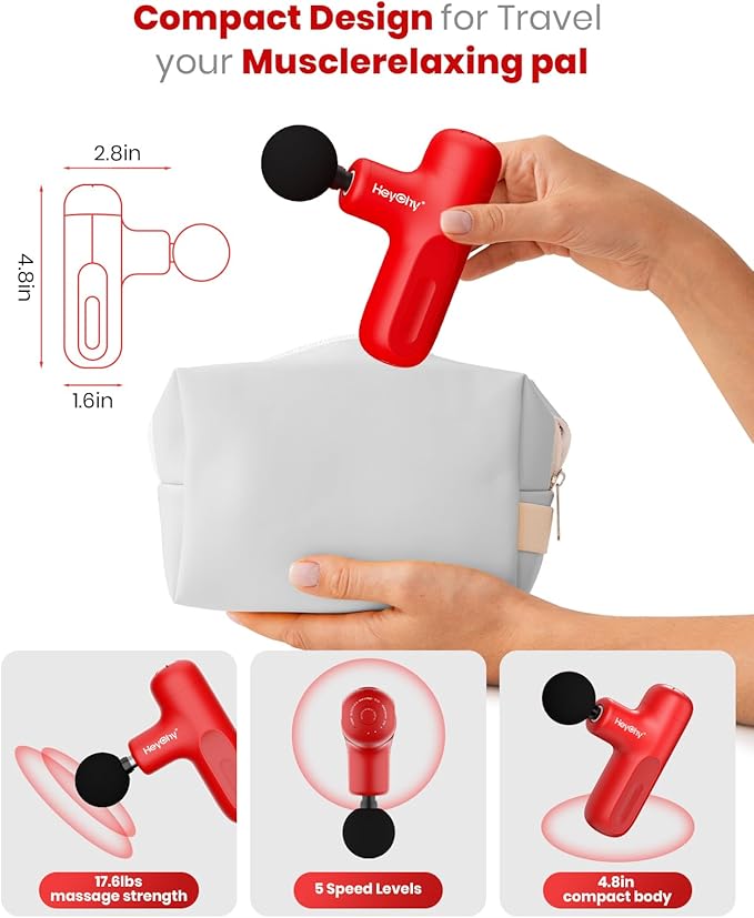 Super Mini Massage Gun Deep Tissue with 4 Attachments, Handheld Portable Mini Travel Size Percussion Deep Tissue Massager with 5 Speeds, Massager Gun Ideal Gift for Man & Women, Red - Bloomnest