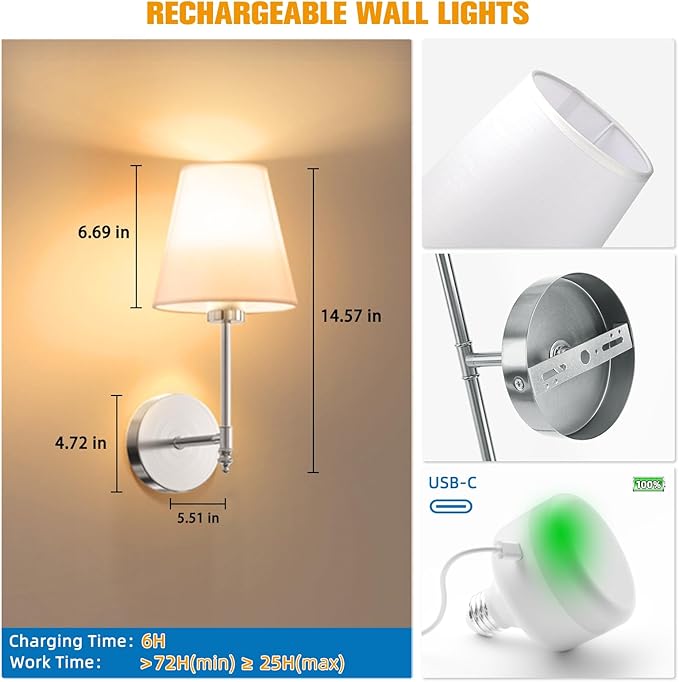 NIORSUN 14.5 inch Battery Operated Wall Sconce Set of 2,Brushed Nickel Rechargeable Wall Lights with 5200mAh Dimmable Bulbs and Remote,9 Colors Wireless Sconces for Bedroom Living Room Decor - Bloomnest