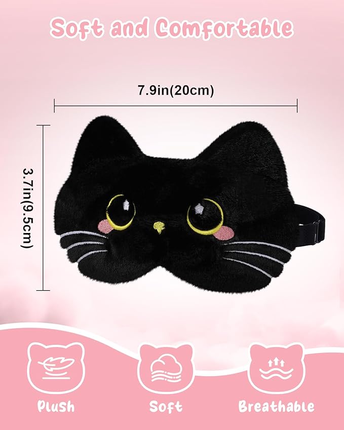 Sleep Mask for Kids - Cute Cartoon Plush Fuffy Sleeping Eye Cover Black Cat Kawaii Soft Eyeshade with Adjustable Strap Animal Eye Blindfold for Kids Girls Boys Teens - Bloomnest