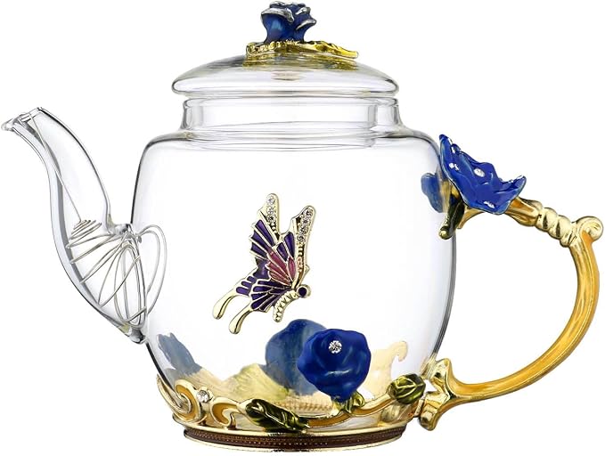 Glass Teapot -300 ml (10 oz) - Blue Rose Flower Butterfly Decoration Heat Resistant Glass Teapot Kettle Loose Leaf Teapot Tea Party Set (Blue) - Bloomnest