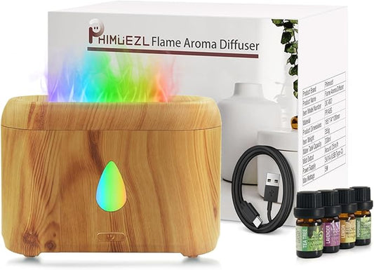 Flame Diffuser for Essential Oils, 200ml Ultrasonic Aroma Diffusers with Cool Mist, Aromatherapy Diffuser with Auto-Off Protection (Wooden Grain(7 Colors), Peppermint+Lavender+Tea Tree+Lemon) - Bloomnest