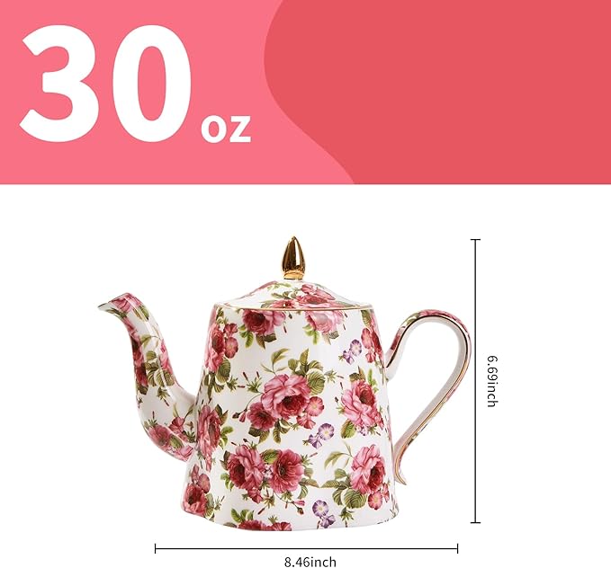 Floral Tea Pot, 30 OZ Ceramic Vintage Teapots, Porcelain Cute Tea Pot with Pink Roses and Gold Trim, Decorative Teapot for Tea Party, Housewarming, Christmas, Thanksgiving Gifts - Bloomnest