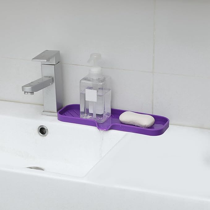 Silicone Bathroom Soap Dishes with Drain Spout-Bathroom and Kitchen Sink Organizer,Sponge Holder,Dish Soap Tray,Perfect for Dispenser,Scrubber,Bottle,Cup on Sink or Counter-Purple 12"×4" - Bloomnest