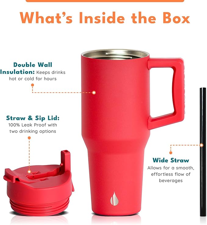 Elemental 32 oz 100% Leak Proof Tumbler with Handle & Straw - Stainless Steel Double Wall Insulated Tumbler for Hot and Cold Beverages - Travel Coffee Mug with Sip & Straw Lid - Red - Bloomnest