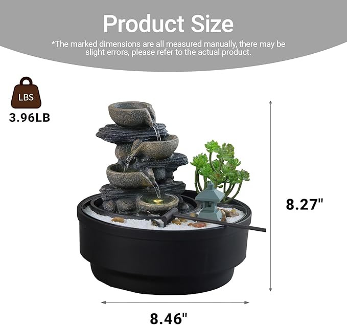 Indoor Tabletop Water Fountain with LED Lights & Pagoda, 4-Tier Rock Cascading Design, Artificial Flowers, White Stones and Rake, Zen Decor for Office/Living Room/Bedroom/Study (8.5" H)