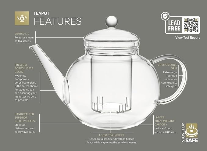 Teabloom Stovetop & Microwave Safe Glass Teapot with Removable Loose Tea Glass Infuser – Includes 2 Blooming Teas – 2-in-1 Tea Kettle and Tea Maker – Tea Purist's Choice - Bloomnest