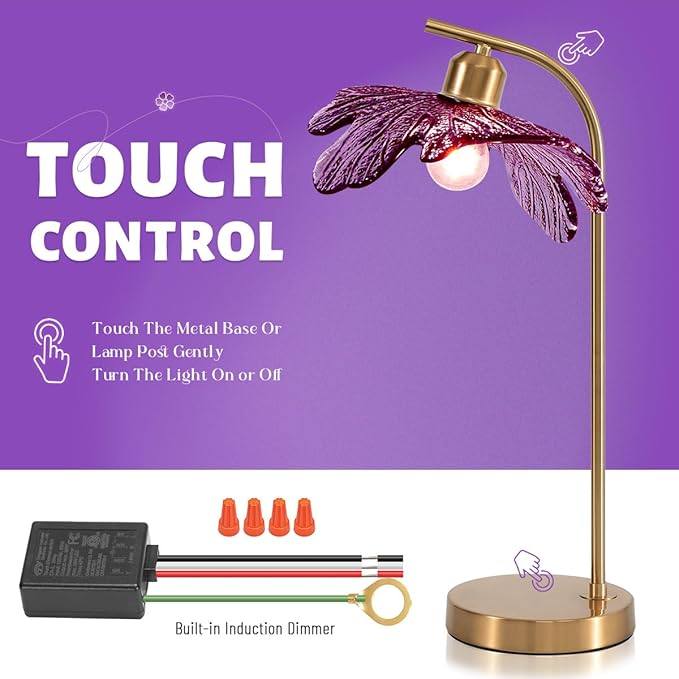 bedside table lamps of 2 touch Table lamp Mid Century Modern lamp Gold Desk lamp nightstand lamp vintage desk lamp small table lamp Purple Glass table light for end table Bedroom Living Room farmhouse - Bloomnest