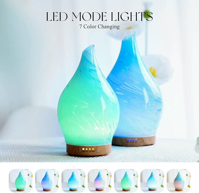 Porseme 150ml Essential Oil Diffuser Glass Color Changing Aroma Air Diffusers Aromatherapy Ultrasonic Cool Mist Humidifier 6 Running Hours Waterless Auto-Off for Sleeping Yoga Office Spa (Blue Wave) - Bloomnest