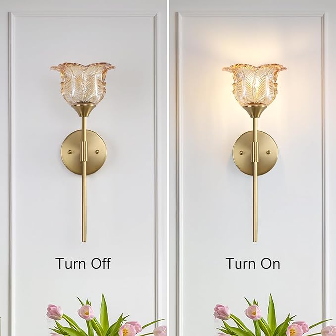 Gold Wall Sconce Set of 2 with Amber Glass Shades, Modern Mid Century Bathroom Vanity, Wall Light Fixtures Industrial, Brushed Brass Wall Lamp, for Bedroom Mirror Living Room Restaurant - Bloomnest