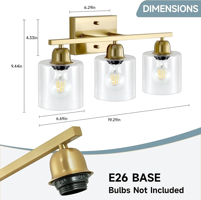 Modern Brushed Gold 3 Light Bathroom Light Fixtures, 19 inch Vanity Lights for Bathroom with Clear Glass for Mirror Kitchen Living Room Hallway Cabinet Porch - Bloomnest