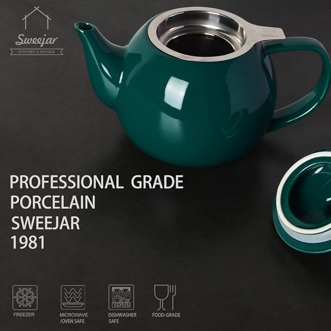 Sweejar Porcelain Teapot with Removable Stainless Steel Infuser,Microwave & Dishwasher Safe Tea Pots for Loose Tea,Tea Infuser Pots for Chrismas Women Gift (30oz Jade) - Bloomnest