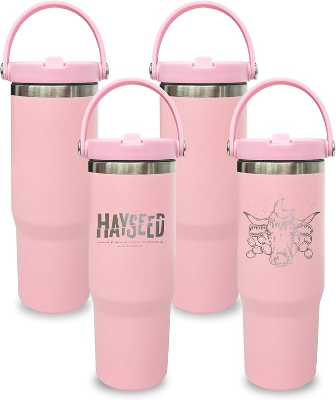 30 oz Tumbler Bulk with Top Handle, Double Wall Vacuum Insulated Tumbler with Flip Straw, Travel Coffee Mug 30oz Powder Coated Cup for Laser Engraving (Pink,4 pack)