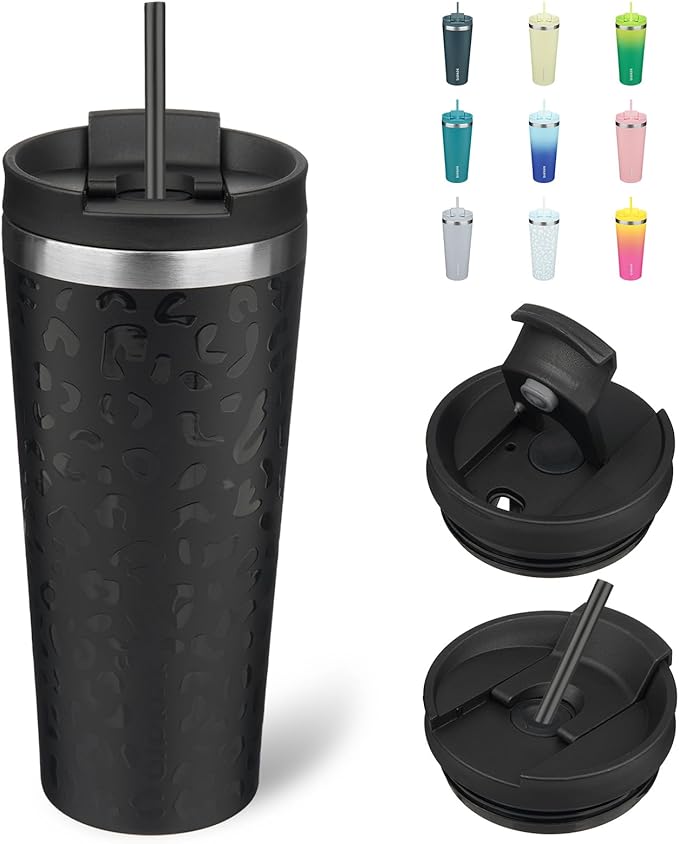 BJPKPK 22oz Insulated Tumbler With lid And Straw Stainless Steel Tumblers Travel Coffee Mug Reusable Thermal Cup,Black Leopard - Bloomnest