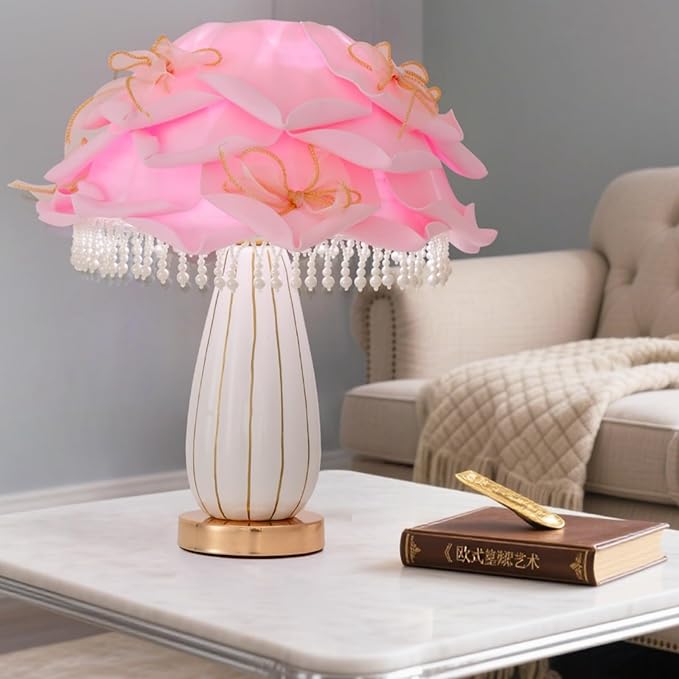 Pink Girls Table Lamp Romantic Bouquet Bedside Lamp Cute Nightstand Light Nordic Table Lamp for Bedroom Living Room Entry Office Study Room Kid Room Valentines Dating Wedding Decor - Bloomnest