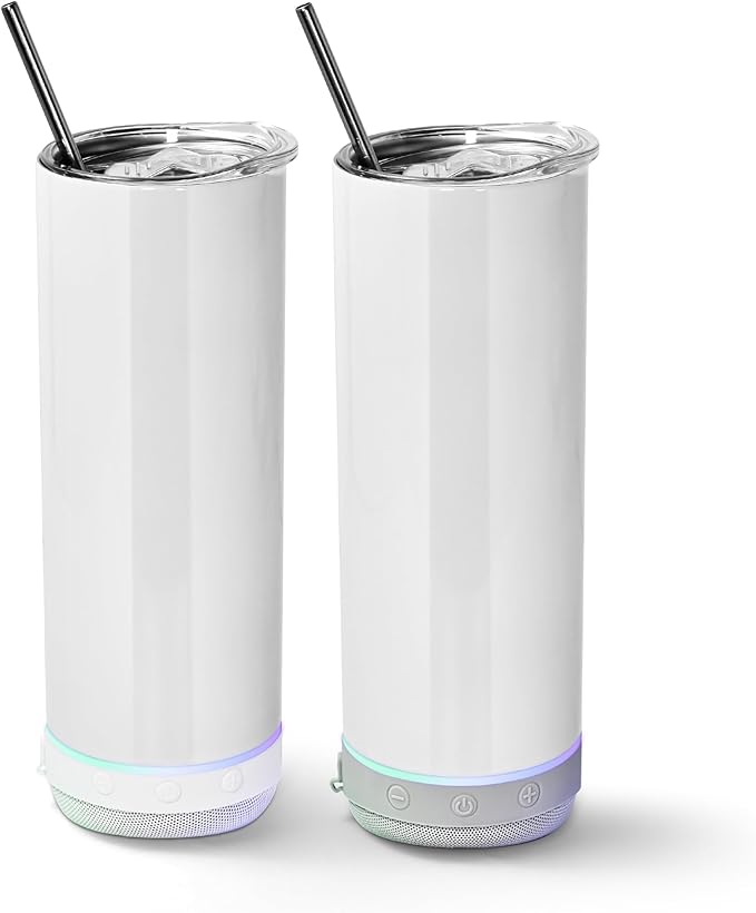 AGH 2 Pack Music Speaker Tumbler with Straw and Lid, 20oz Sublimation Skinny Stainless Steel Double Wall Tumbler with Detachable LED Light, Suitable for DIY Gifts (White & Gray) - Bloomnest