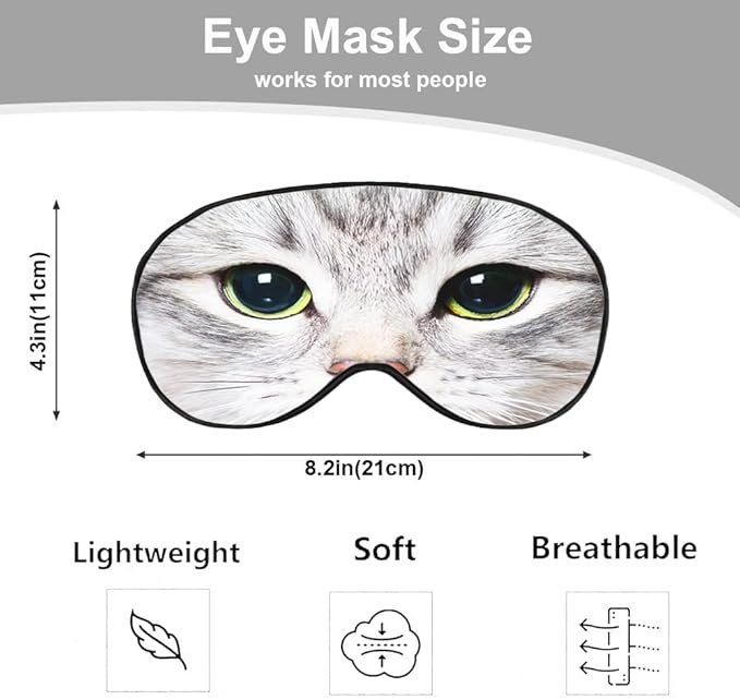 Cat Silk Eye Mask Sleep Mask Cute Funny Kitten Big Green Eyes Animal Pet Eye Mask with Adjustable Strap Lightweight for Women Work Travel Night Sleep - Bloomnest