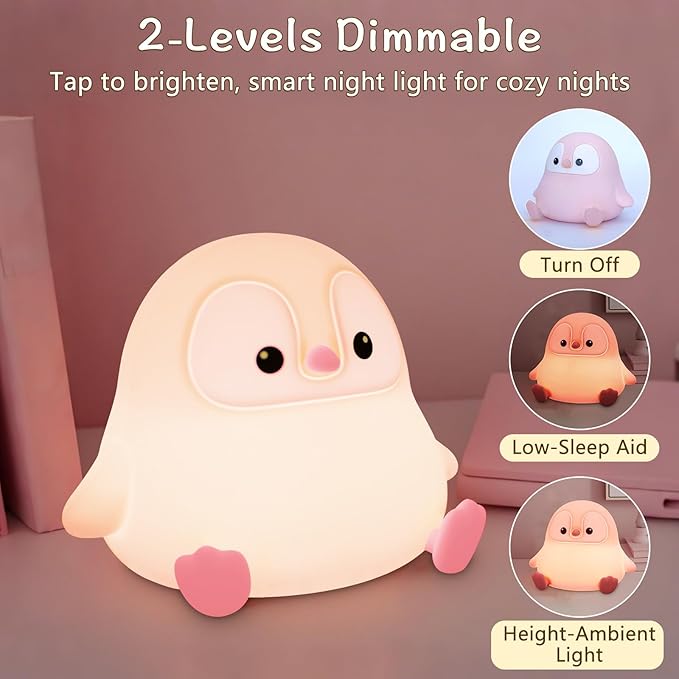Penguin Night Light for Kids,Cute Pink Penguin Touch Lamp,Soft Silicone Nursery Nightlight,LED Squishy Novelty Animal Bedside Lamp,Rechargeable/Dimmable/Timer Desk Lamp,Kids Room Decor - Bloomnest