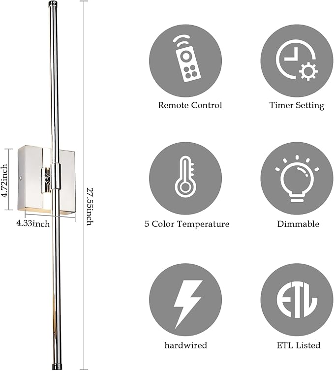 LED Wall Sconce with Remote Control, LED Wall Light, 5 Colors 3000K-6500K & Dimmable, Hardwire Wall Lamp for Living Room, Bedroom, Chrome - Bloomnest