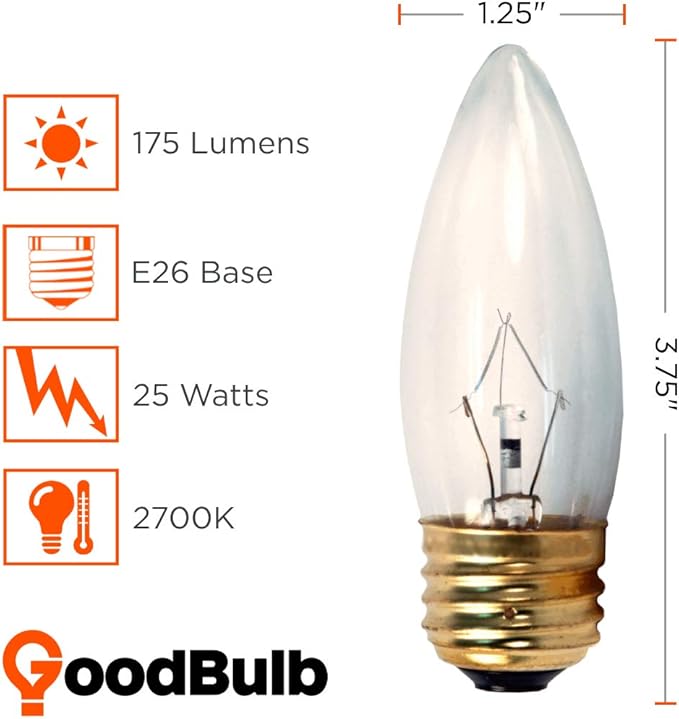 GoodBulb 25-Watt Incandescent Torpedo Light Bulbs B10 Shape Clear Finish Medium E26 Base 2700K Warm White Light Color Dimmable 175 Lumens Decorative Chandelier Lamps Pack of 12 - Bloomnest