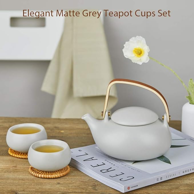 ZENS Vintage Japanese Teapot with Strainer, 27oz Matte Ceramic Loose Leaf Teapot with Infuser, Wood Handle Gray Japanese Teapots Hot Tea Brewer Pot for Women, Tea Lovers Gifts - Bloomnest