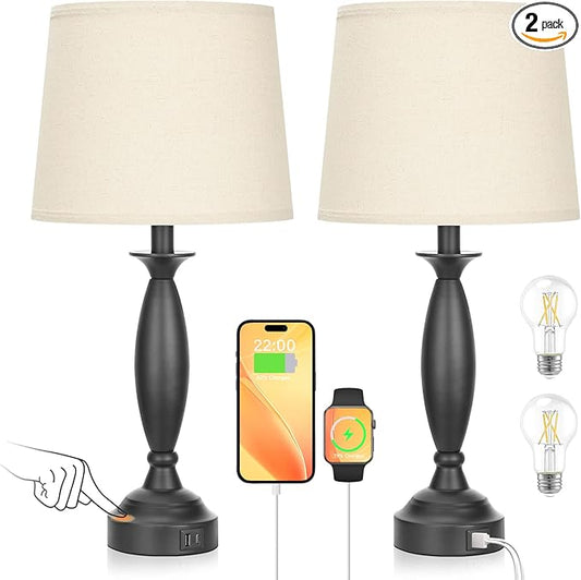 Seealle Beige Lamps for Bedrooms Set of 2 - Touch Control Bedside Lamp with USB C+A, 3 Way Dimmable Nightstand Lamps with USB Port, Table Lamp for Living Room(Beige Shade and Black Base) - Bloomnest