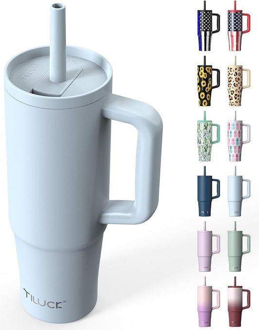 TILUCK 30 oz Tumbler with Handle, Vacuum Insulated Stainless Steel Travel Mug with 100% Leak-Proof Silicone Straw Lid, Cupholder Friendly Water Bottle(LightBlue, 30oz)