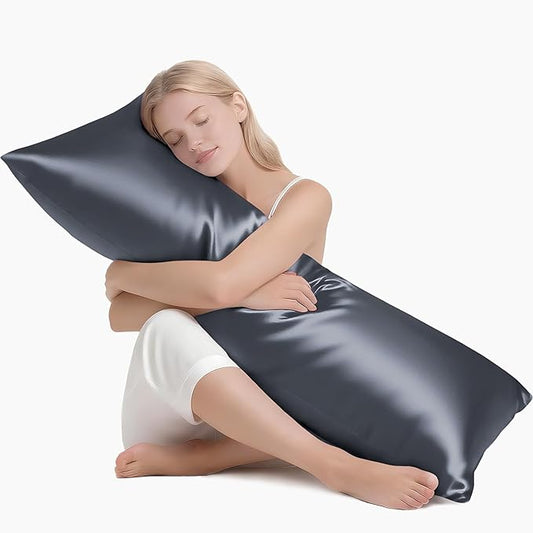 MR&HM Satin Body Pillow Cover, Soft and Breathable Body Pillow Case with Envelope Closure, Cooling and Silky Long Pillowcase for Hair and Skin,Grey (20x54, Space Grey) - Bloomnest
