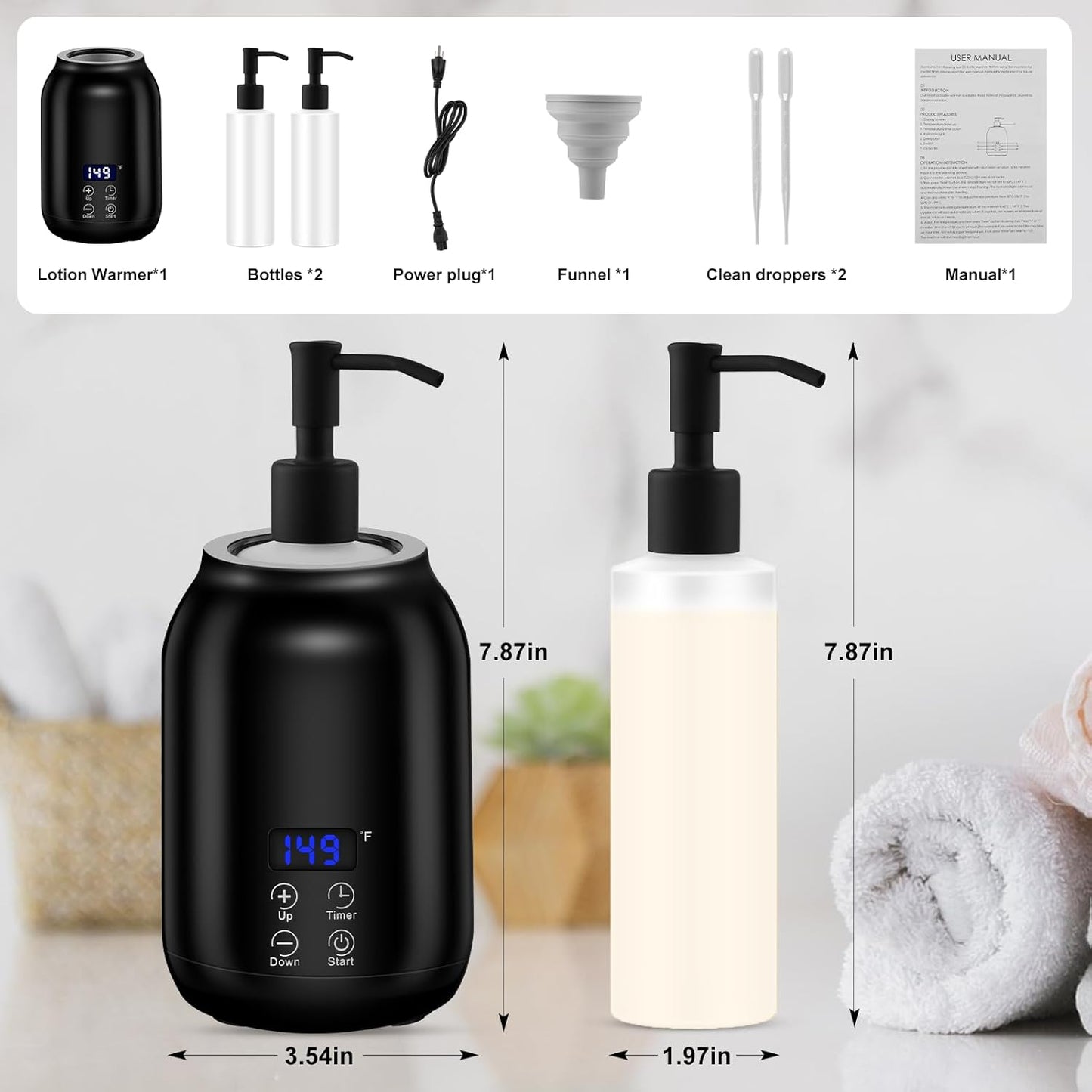 Massage Oil Heater Warmer,with ℃/℉ Switchable Display, Two Oil Dispenser Bottle，Constant Temperature,Body Oils Heater for Spa, Salon and Barber Shops,Black