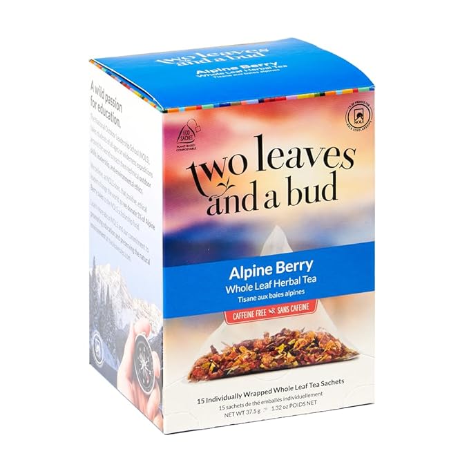 Two Leaves and a Bud Alpine Berry Herbal Tea Bags, Naturally Caffeine Free, Whole Leaf Herbal Tea with Hibiscus in Compostable Sachets, Hot or Iced, 15 Count (Pack of 1) - Bloomnest
