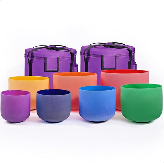 432HZ 6''-12'' Set of 7 Colored Crystal Singing Bowl Set Crystal Sound Healing Frosted Chakra Quartz bowls with 2 Case Bags and Rubber Mallets - Bloomnest