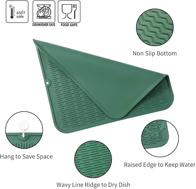 Silicone Dish Drying Mat for Multiple Usage,Easy clean,Eco-friendly,Heat-resistant Silicone Mat for Kitchen Counter or Sink,Refrigerator or Drawer Liner Green 2XL 24 inches x 18 inches - Bloomnest