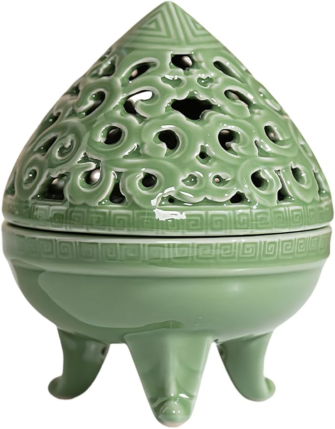 Mini Ceramic Incense Burner - Chinese Classic Plum Green Celadon Glaze, Fragrance Cone & Stick Holder Palo Santo/Sage/Herb Burner for Meditation, Yoga, Desk Decor, Zen Relaxation Gift (Cloud-B) - Bloomnest
