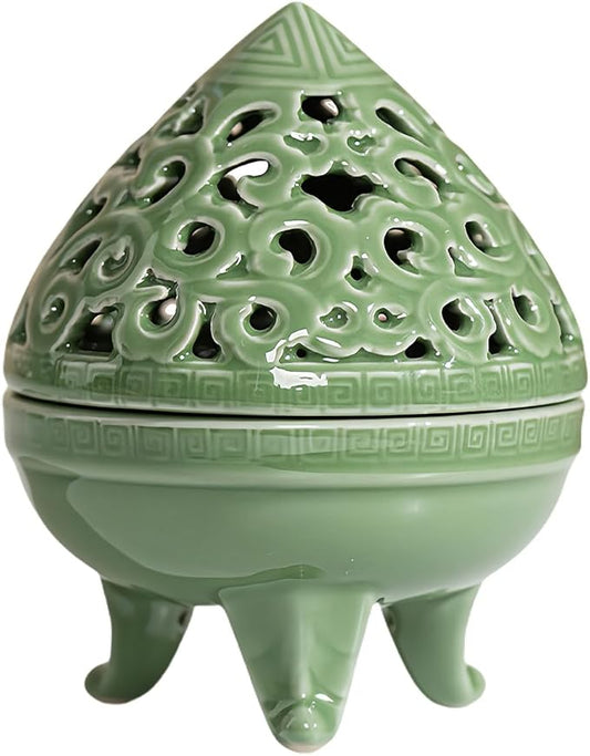 Mini Ceramic Incense Burner - Chinese Classic Plum Green Celadon Glaze, Fragrance Cone & Stick Holder Palo Santo/Sage/Herb Burner for Meditation, Yoga, Desk Decor, Zen Relaxation Gift (Cloud-B) - Bloomnest