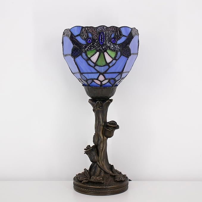 Small Tiffany Lamp Stained Glass Table Lamp Desk Uplight 6X6X13.5 Inch for Bedroom Bedside Office (Blue Baroque) - Bloomnest