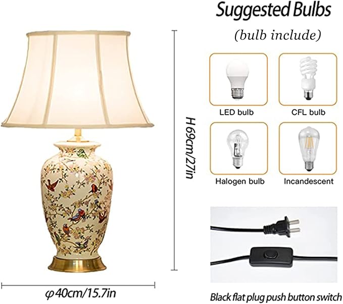 PURESILKS White 27" Flower and Bird Ceramics Table Lamp Chinoiserie Desk Lamp,Fabric Drum Shade,Gold Base, Tall Table Lamp Decor for Living Room Bedroom Bedside Office College Bookcase - Bloomnest