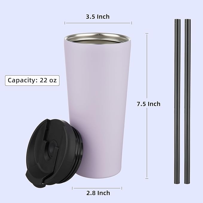 22 OZ Insulated Tumbler with Lid and 2 Straws Stainless Steel Water Bottle Vacuum Travel Mug Coffee Cup,Taro - Bloomnest