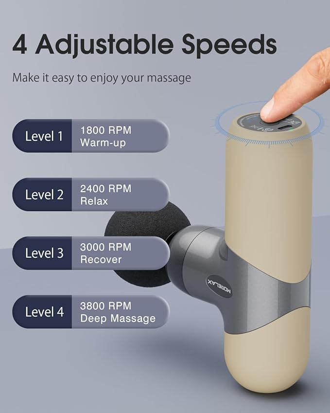 Morelax Mini Massage Gun Deep Tissue, Portable Percussion Muscle Massager for Whole Body Pain Relief, Electric Handheld Sport Massager with 6 Massage Heads 4 Speed, Best Gift (Almond) - Bloomnest