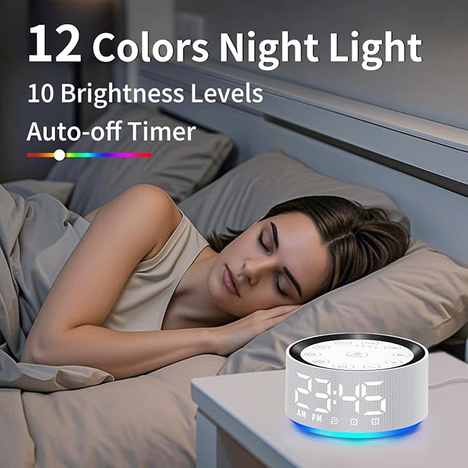 Sound Machine White Brown Noise Machine with 30 Sleeping Sounds for Baby Kids Adults Night Light Bedroom Alarm Clock 2 Alarms Backup Battery 32-Level Vol 15 Wake up Sounds for Mild Heavy Sleeper