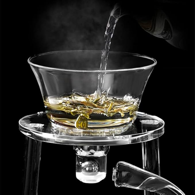 Mozeo Glass Semi-automatic Tea Set Wooden Glass Tea Set Water Diversion Rotating Cover Bowl Lazy Tea Maker Teapot Kungfu Fu teacup (Glass Clear Handle Teapot A)