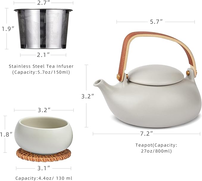 ZENS Vintage Japanese Tea Set, 27oz Ceramic Japanese Teapot with Infuser, Wood Handle Matte Gray Teapot with Strainers and 4 Cups for Tea Party, Women's Gift - Bloomnest