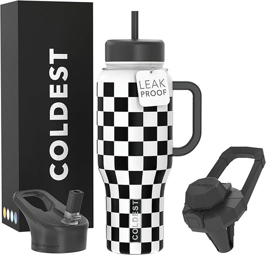 Coldest Tumbler with Handle and Straw, 100% Leak Proof Insulated Tumbler with Lid and Straw (3 Lids), Stainless Steel Tumblers for Women & Men, Cup Holder Friendly, 36 oz (Black Checkers) - Bloomnest