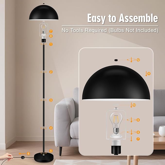 Industrial Floor Lamp, Floor Lamp for Living Room, 66Inch Tall Modern Standing Lamp, Black Stand Up Lamp with Metal Dome Shade, Mid Century Corner Reading Lamp for Bedroom Office Nursery Room, NO BULB - Bloomnest