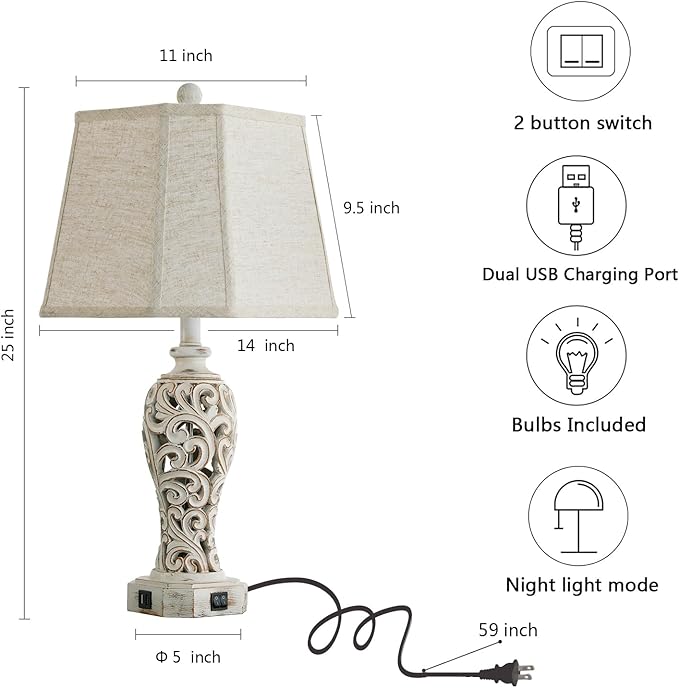 25'' Farmhouse Table Lamp for Living Room Bedroom, 2 USB Ports Vintage Rustic Nightstand Desk Lamp with Nightlight, White Hollow Out Resin Lamp for End Table (Bulb Included) - Bloomnest