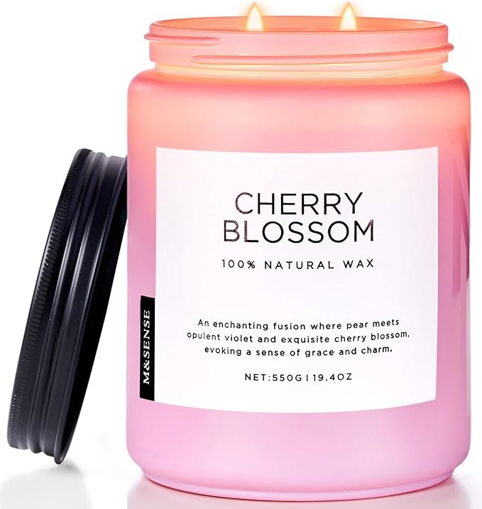 M&SENSE Cherry Blossom Scented Spring Candle, 19.4oz 110 Hours Long Lasting Natural Soy Wax Stress Relief Aromatherapy Romantic Candle for Women & Bedroom Decor - Bloomnest