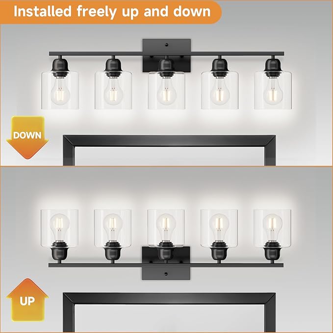 Modern 5 Light Bathroom Vanity Light, 31 inch Black Bathroom Light Fixtures with Clear Glass for Mirror Kitchen Living Room Hallway Cabinet Porch - Bloomnest