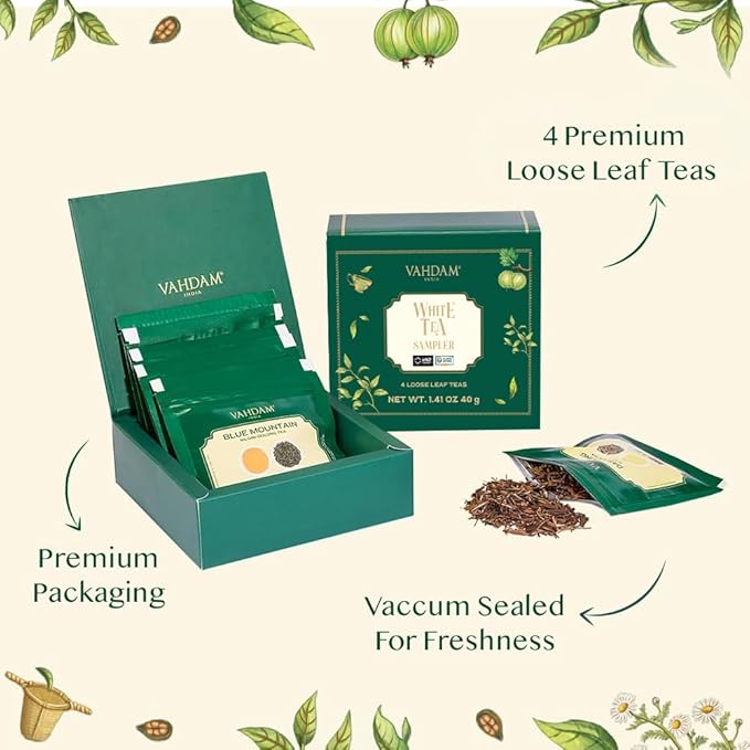 VAHDAM, Assorted White Tea Sampler Gift Set, Gluten Free, Non GMO - 4 Unblended White Loose Leaf Tea Sampler | Tea Variety Pack | Tea Gift Set, Gifts for Women & Men - Bloomnest