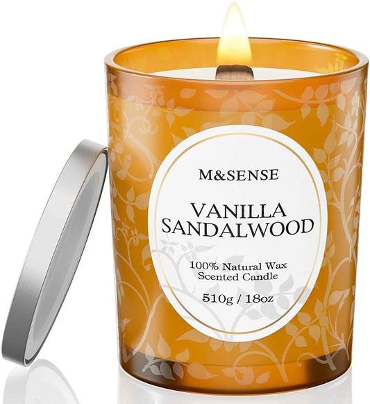 M&SENSE Vanilla Sandalwood Candle, Cracking Wooden Wick Soy Wax, 18oz 100 Hours Long Lasting Clean Burn, Large Jar Candles for Home Scented, Non-Toxic Relaxing Aromatherapy Gifts for Women - Bloomnest