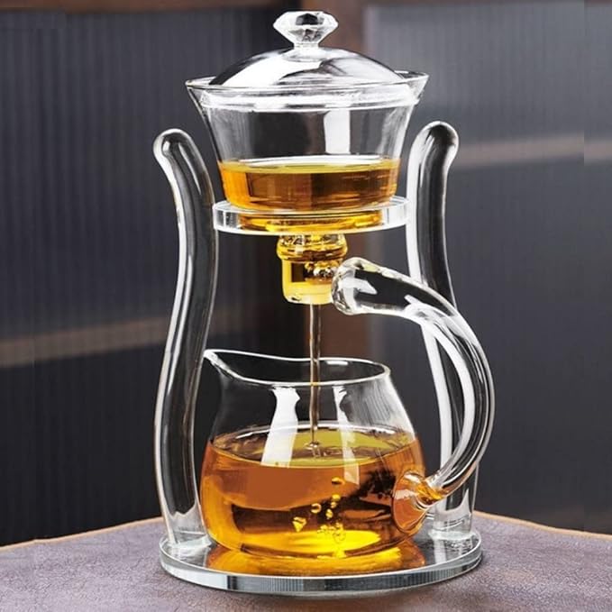 Mozeo Lazy Kungfu Semi-automatic Tea Maker - Glass Teapot with Suction Automatic Water Brewing - Office Flower Tea Set (Clear Teapot + 6pcs Cups)