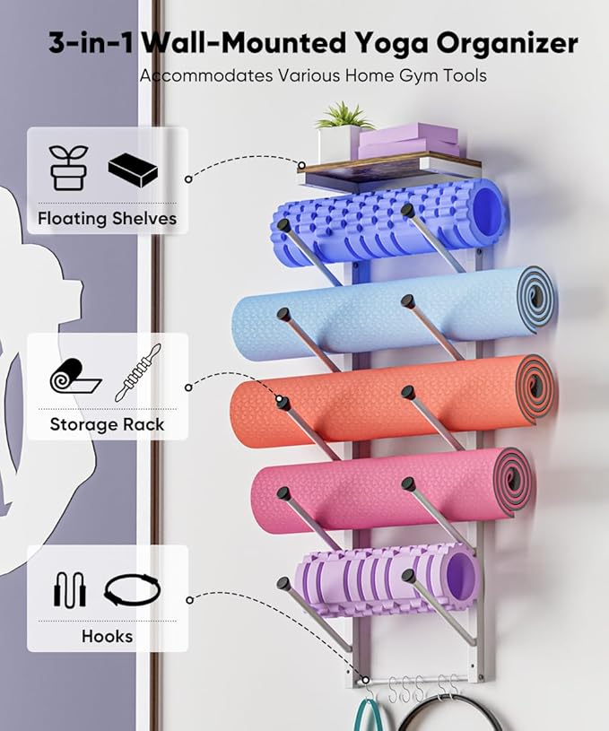 5 Tiers Yoga Mat Holder Rack Wall Mount with 6 Hooks for Hanging Accessory Yoga Strap Foam Rollers Resistance Bands, Yoga Mats Organizer with Floating Shelf for Home Gym Storage Fitness